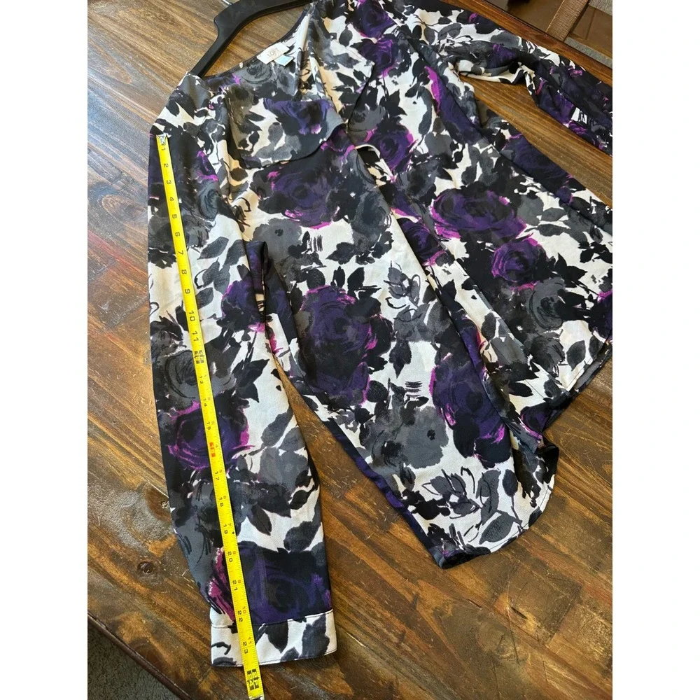 Ann Taylor LOFT Purple Black Floral Sheer‎ Chiffon V-Neck Blouse XL Long Sleeve - Picture 8 of 11